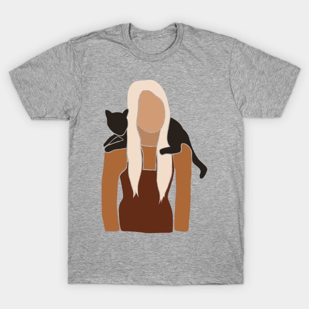 Woman Cat On Shoulder T-Shirt by JunkyDotCom